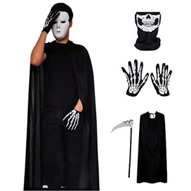 Imagem de Manto Sombrio do Dia das Bruxas | Traje de fantasma de Halloween Grim Reaper com luvas de caveira, foice, capa de rosto,Robe de festa com capuz para meninos, meninas, adultos