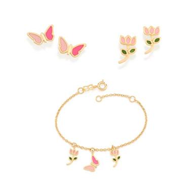 Imagem de Kit Infantil Rommanel Banhado Ouro Brincos E Pulseira Borboleta E Flor