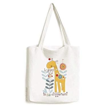 Imagem de Sacola de lona amarela com estampa de girafa de desenho animado, bolsa de compras casual