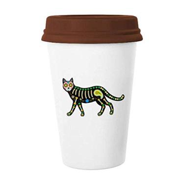 Imagem de Caneca de cerâmica com coração de osso, gato preto, Dia das Bruxas, terror, caneca de café com vidro para beber cerâmica