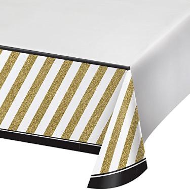 Imagem de Creative Converting Capa de mesa de plástico com impressão de borda 318098, 137 x 252, preto e dourado