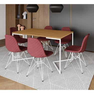 Imagem de Mesa Jantar Industrial Canela Base V 137x90cm C/ 6 Cadeiras Eiffel Estofadas Vermelhas Aço Branco