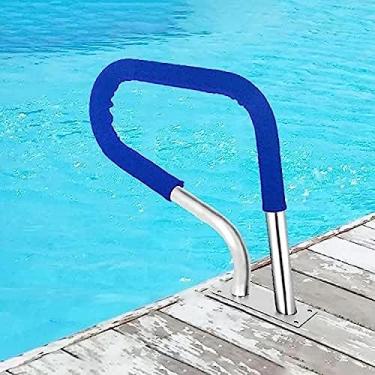 Imagem de Corrimão de segurança para piscina 32" x 23" Corrimão de piscina de aço inoxidável Corrimões de escada com tampa azul e parafusos para montagem rápida embutida no spa