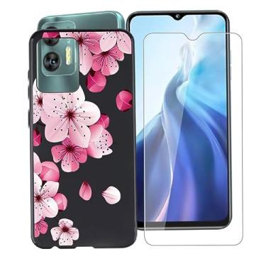 Imagem de AQGG Película de vidro temperado + capa para Oukitel C35 (16,7 cm), película protetora de tela de dureza 9H e capa de silicone macio capa protetora de TPU preto - flor de pêssego