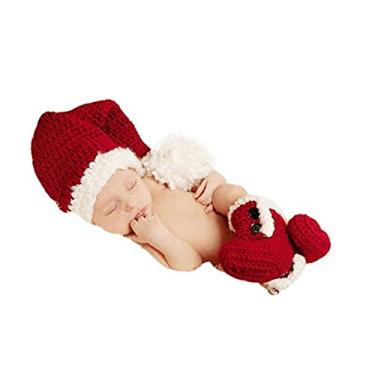 Imagem de Acessórios para sessão de fotos de bebês recém-nascidos de Natal roupas de crochê Papai Noel chapéu vermelho botas adereços de fotografia, Vermelho e branco., 0-3 Meses