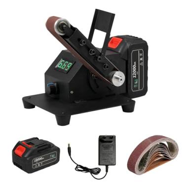 Imagem de SZITW Mini lixadeira de correia 350W Máquina de lixar elétrica de bancada Regulagem de velocidade contínua Máquina polidora de afiador de moedor pequeno com 10 correias de lixa para marcenaria DIY, re