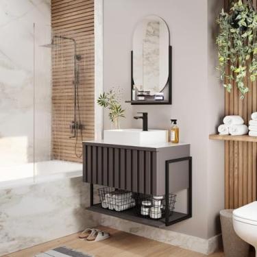 Imagem de Gabinete Balcão Suspenso Cuba Marmorite Havaí 80 cm Aço Banheiro 1 Porta 1 Prateleira Cinza Titânio