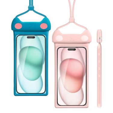 Imagem de wellhouse Bolsa de telefone à prova d'água, capa impermeável para iPhone 15 14 13 12 Pro Max XS Samsung, IPX8 3D bolsa seca para celular essenciais de praia (Meow rosa + azul, pacote com 2 7