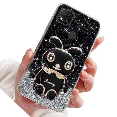 Imagem de Rnrieyta Miagon Rabbit Glitter Stand Case para Xiaomi Redmi 10A, capa protetora de TPU macio transparente brilhante fina à prova de choque com suporte de coelho fofo, preto