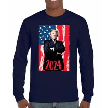Imagem de Camiseta de manga comprida com pose da bandeira americana Donald Trump 2024 President 45 47 MAGA America First Republican Conservative, Azul marinho, M
