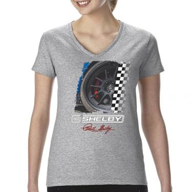 Imagem de Camiseta feminina Shelby Wheel gola V clássica American Muscle Car Racing Mustang Cobra GT500 Performance Powered by Ford Tee, Cinza, P