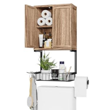 Imagem de Yoimori Armário de parede com 2 portas e prateleiras ajustáveis, armário de remédios de fazenda com suporte de papel higiênico, armário de armazenamento montado na parede sobre o vaso sanitário para