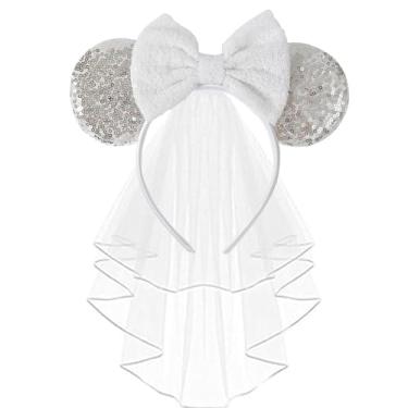 Imagem de JIAHANG Tiara de orelha de rato com véu de noiva, orelhas de casamento de lua de mel, acessório de cabeça de despedida de solteira para mulheres e meninas, Zz, prata, M