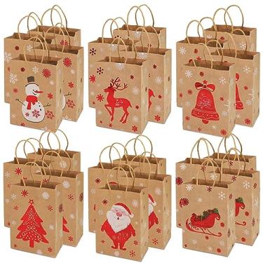Imagem de Sacos de Kraft 24 pacotes de estilos sortidos, sacos de papel pequenos de Natal com alças, sacolas de com estampas de Natal para embrulho de ,
