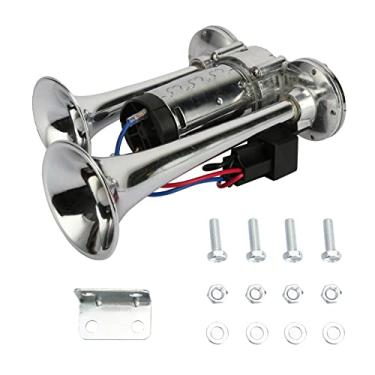 Imagem de Buzinas de ar de trem de caminhão 12V 600DB trompetes duplos kit de buzina de ar de carro elétrico super alto com compressor - aplicável para veículos carros SUV caminhões trens caminhões barcos navio
