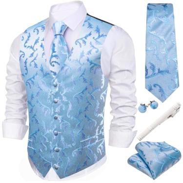 Imagem de Barry.Wang Colete masculino formal Paisley Jacquard gravata de seda conjunto de colete casamento 5 peças, Azul celeste B, 3X-Large