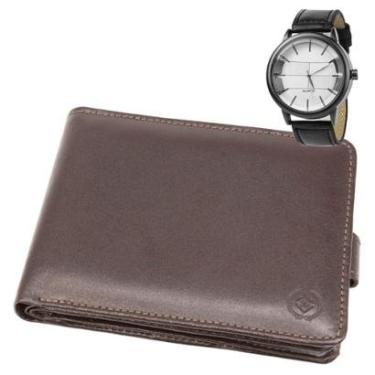 Imagem de Carteira Masculina De Couro Legítimo Genuíno Grande Casual Documentos + Relógio Masculino-Masculino