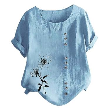 Imagem de Camiseta feminina de linho, estampa floral, manga curta, caimento solto, gola redonda, botão, túnica, Bu2, G