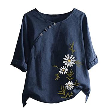 Imagem de Camisetas femininas de linho com estampa floral, gola redonda, túnica de manga curta, camisas soltas casuais para sair, Azul marino, GG