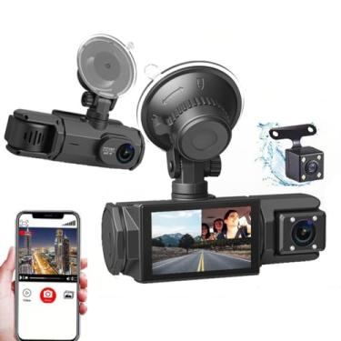 Imagem de XRC TECH Câmera veicular DVR WIFI de 3 canais para carros, DVR de carro de 5 cm com câmera de visão traseira para veículos, câmera frontal interna e traseira 1080p, gravador de vídeo de visão noturna,