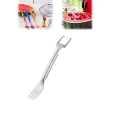 Imagem de Faca de frutas de aço inoxidável 2 em 1, novo fatiador de frutas 2024, ferramenta de fatiador de melancia, garfo de melancia portátil para escritório, cozinha, restaurante, bar, ao ar livre /1573