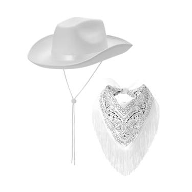 Imagem de YIJU Chapéu de cowboy ocidental, fantasia, chapéu e franja, bandana, chapéu de cowgirl para aniversário, praia, casamento, tema de festa, adereços, branco