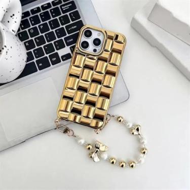 Imagem de Chapeamento cubo tecer padrão pulseira caso para iphone 14 15 13 12 pro max 14 15 plus 12 13 mini 11 capa fosca, ouro, para iphone 15promax