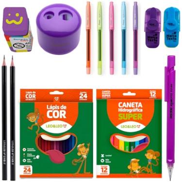Imagem de Material Escolar com 48 Itens Canetinha Lápis de Cor Apontador e Borracha Coloridos - Leo e Leo (Roxo)