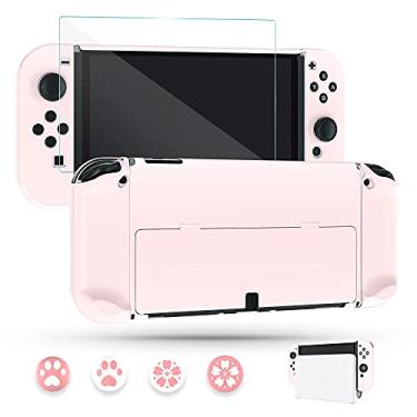 Imagem de FUNDIARY Capa rosa ancorável para Nintendo Switch OLED modelo 2021, capa de acessórios para console OLED Switch e Joycon com protetor de tela e 4 tampas de aderência para polegar - Proteção total da Flip Shell