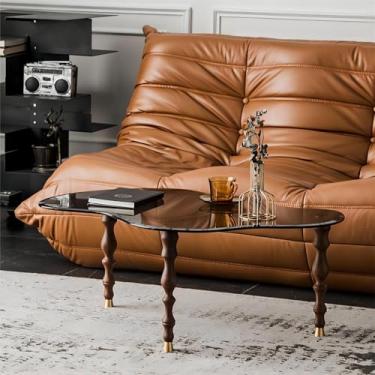 Imagem de Mesa de centro pequena de vidro com pernas de carvalho maciço, mesa de coquetel de fazenda com mesa de vidro temperado, mesa de chá com detalhes irregulares modernos de meados do século para sala de