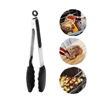Imagem de Pegador 27cm Multiuso Silicone com Cabo Inox para Salada Churrasco Fritura Grelhados Assados Pinça Manusear de Alimentos (PRETO, 27CM)