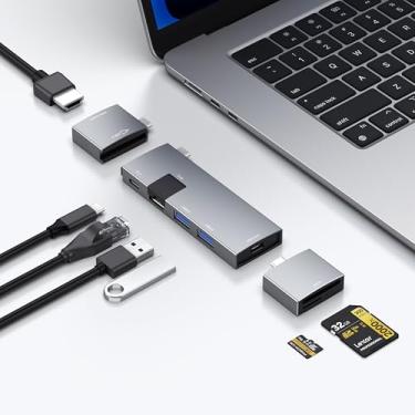 Imagem de Hub USB C para MacBook, hub USB-C 7 em 2, para porta Thunderbolt 4, HDMI 4K 60Hz, Ethernet, 2 portas de dados USB A, leitor de cartão SD microSD para MacBook Pro de 13 polegadas, MacBook Air M1 M2 M3