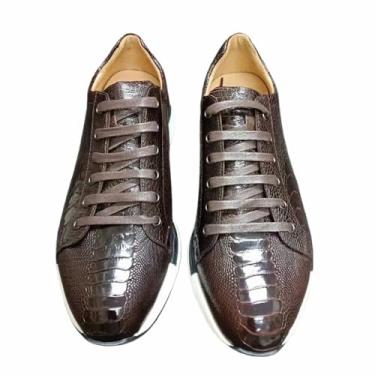 Imagem de Authentic Real Ostrich Feet Skin Tênis masculino casual marrom escuro com cadarço couro exótico genuíno masculino sem salto, Marrom, 37
