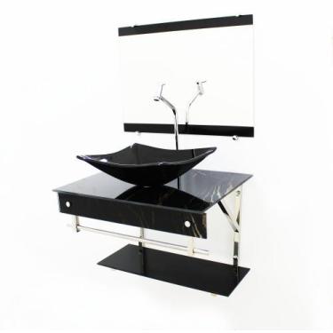 Imagem de Kit gabinete banheiro 60cm iqx inox com cuba retangular  mármore preto