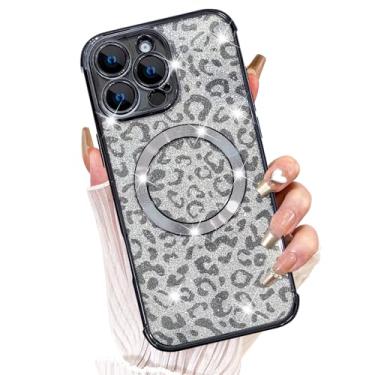 Imagem de Fiyart Capa projetada para iPhone 16 Pro Max, compatível com MagSafe Cheetah Print Plating Camera Protection Clear Phone Case, estampa de leopardo com glitter magnético para mulheres e meninas à prova