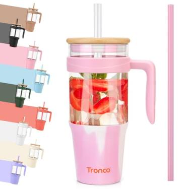 Imagem de Copo de vidro Tronco 1,2 l, com alça, canudo e tampa de bambu, garrafas de água, cabe no porta-copos, copo para café gelado e smoothie, sem BPA, próprio para lava-louças (rosa mesclado)