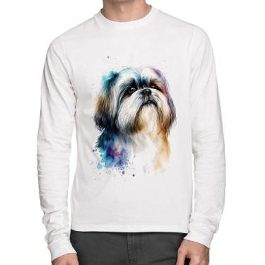 Imagem de Camiseta Algodão Cachorro Shih Tzu Watercolor Manga Longa - Foca na Mo