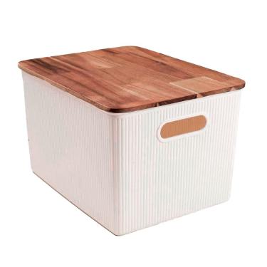 Imagem de caixa organizadora 23L de plástico com tampa de madeira acácia - Oikos