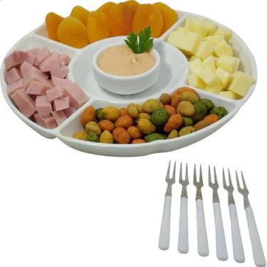 Imagem de Kit Petisqueira Tabua De Frios Com Molheira E 6 Garfinhos Para Petisco