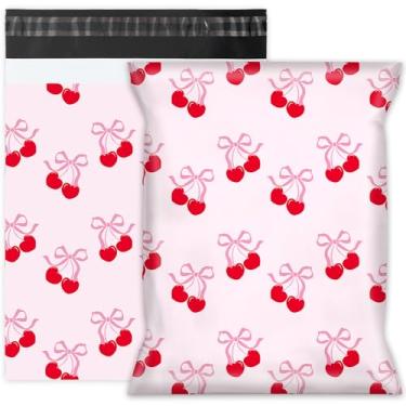 Imagem de Whaline 100 peças Cherry Poly Mailer 25,5 x 33,5 cm rosa laço frutas saco de correio bonito auto-selante embalagem de plástico envelope saco para pequenas empresas