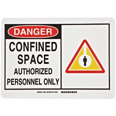 Imagem de Brady 46819 25,4 cm de altura, 35,5 cm de largura, alumínio B-555, preto e vermelho sobre branco sinal de alerta colorido, legenda "Perigo, espaço confinado apenas pessoal autorizado (com picto)"