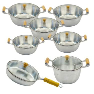 Imagem de Jogo de Panelas Frigideira Caldeirão 7 Pçs Alumínio Fundido Batido Tampa de Vidro Cozinha Moderna Qualidade Profissional