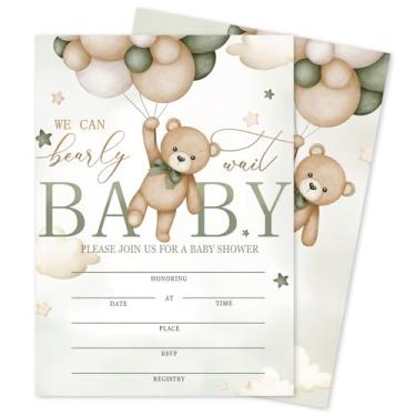 Imagem de Whaline 25 conjuntos de convites de chá de bebê com envelopes adesivos de urso verde convites bonitos em branco para festa de aniversário revelação de gênero, 12 x 17 cm