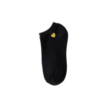 Imagem de 2 pares - Meias femininas curtas finas de verão feitas de algodão puro com bordado de coração invisível - preto