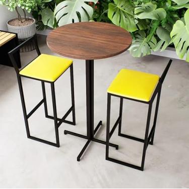 Imagem de Conjunto Mesa Alta Bar Bistrô Redonda Imbuia 2 Banquetas Confort Estofado Industrial Black (Amarelo)