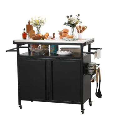 Imagem de Nexaio XL Carrinho de churrasqueira com rodinhas para ambientes externos, mesa de churrasqueira ao ar livre com tampo de aço inoxidável para preparação de cozinha e armário de armazenamento ao ar
