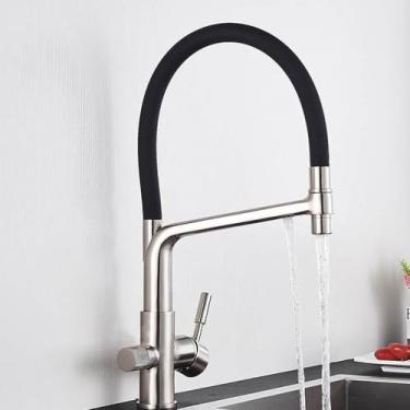 Imagem de Torneira de pia de cozinha dourada escovada, misturador de filtro de água pura, guindaste com alça dupla, purificação de água quente e fria, níquel escovado