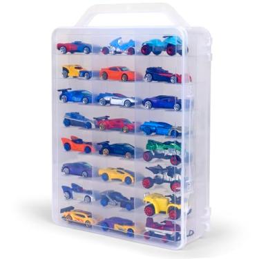 Imagem de Darice Caixa dupla face para carros de brinquedo - organizador portátil para 48 rodas quentes, carros Matchbox; mini caixa de armazenamento transparente com alça fácil de transportar