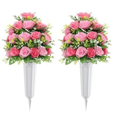 Imagem de U'Artlines 2 peças de flores artificiais de cemitério com vaso para sepultura, buquê de flores de rosas do dia da memória de seda para ambientes externos, para vaso de sepultura, cemitério, lápides