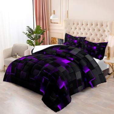 Imagem de Nttopship Conjunto De Edredom Geométrico Violeta Preto, Conjunto De Cama De 3 Peças Em Favo De Mel Claro, Tamanho Grande Para Meninos Adolescentes, Conjunto De Edredom Moderno Com Decoração Geométric